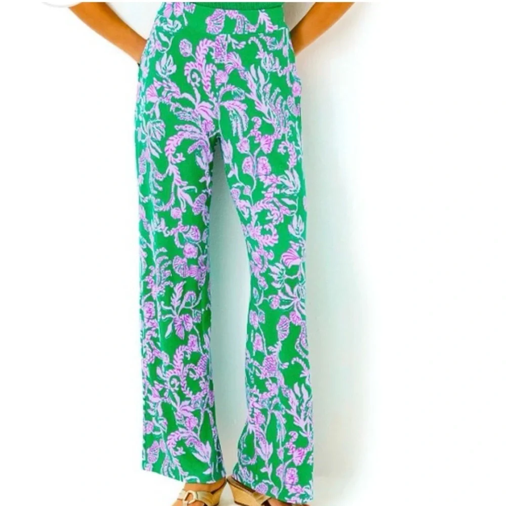 Lilly Pulitzer Allena Knit Palazzo Pants in Brazilian Green Salty Sandbar Large - Picture 1 of 6